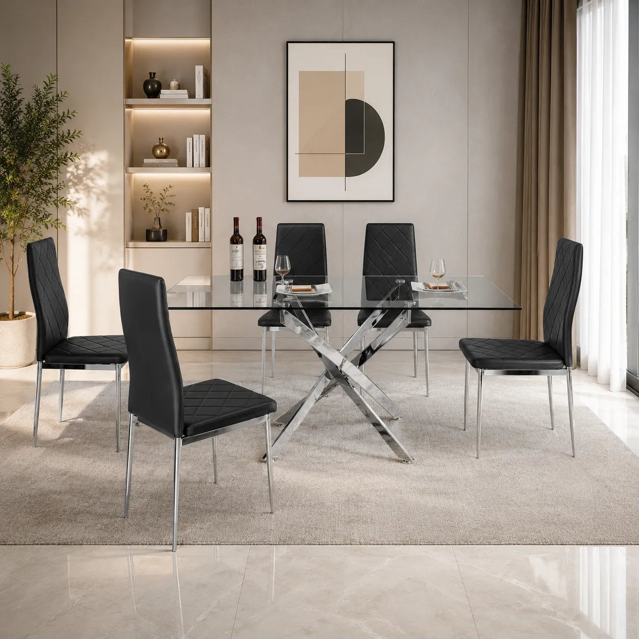 LEONARDO Ensemble de Table de salle à manger en verre chromé clair et 6 chaises de salle à manger en cuir