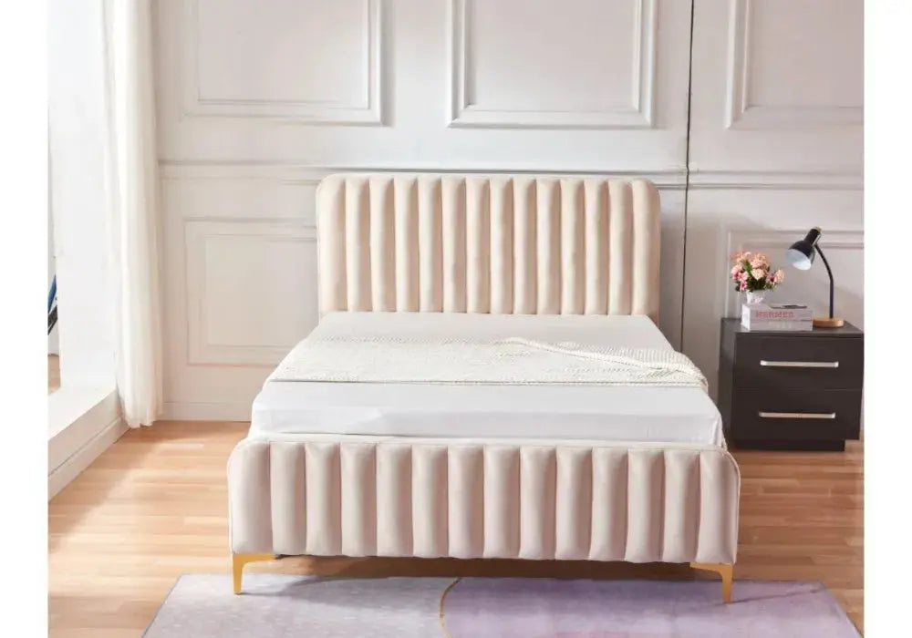LIT FAYE CAPITONNE EN LIGNE VELOURS BEIGE Swedzo-Meuble