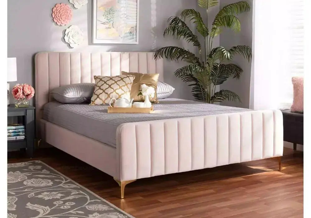 LIT FAYE CAPITONNE EN LIGNE VELOURS BEIGE Swedzo-Meuble
