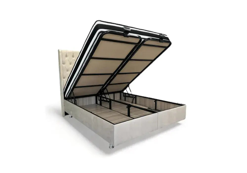 Lit Coffre Italian Capitonné Velours Beige Swedzo-Meuble