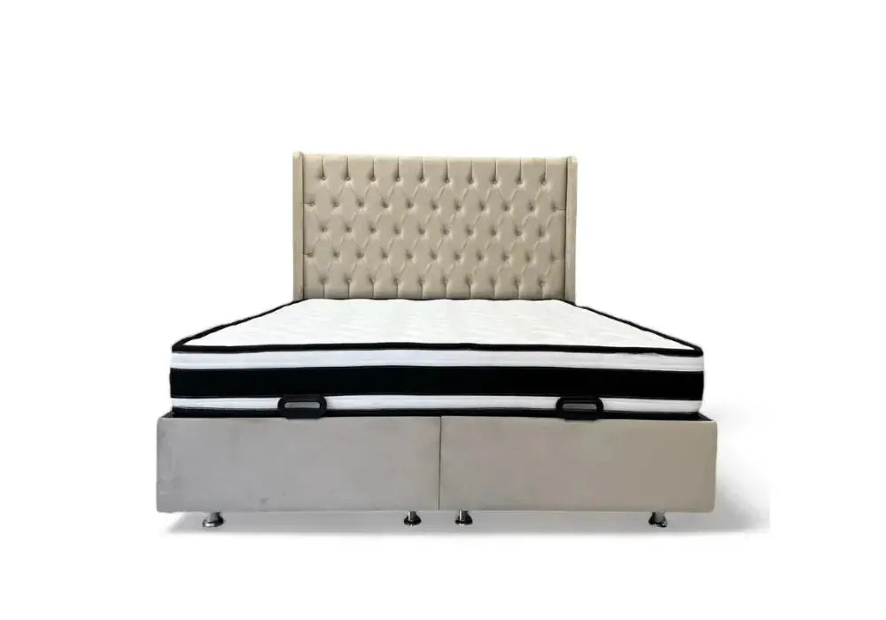 Lit Coffre Italian Capitonné Velours Beige Swedzo-Meuble