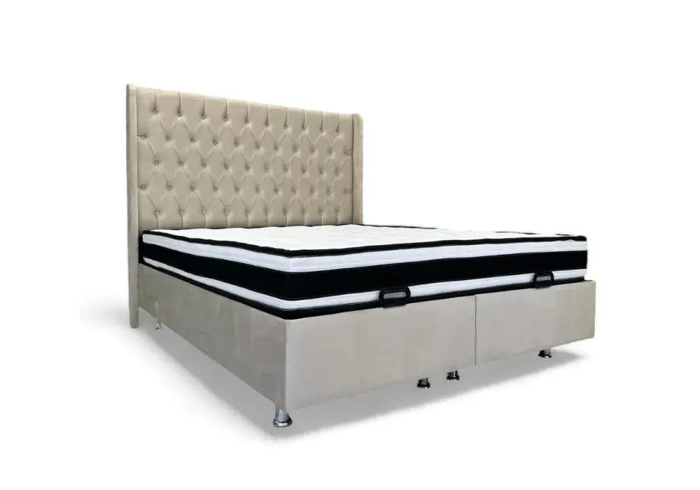 Lit Coffre Italian Capitonné Velours Beige Swedzo-Meuble