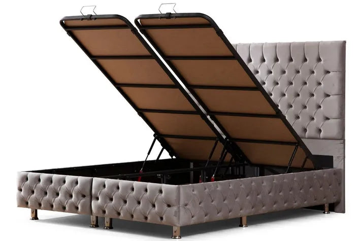 Lit Coffre LAGOS GRIS - Velours capitonné