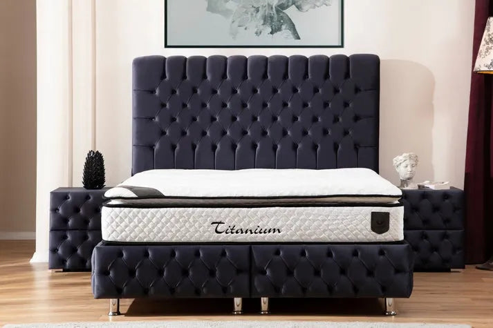 Lit Coffre LUNA - Velours capitonné - ANTHRACITE ET BEIGE