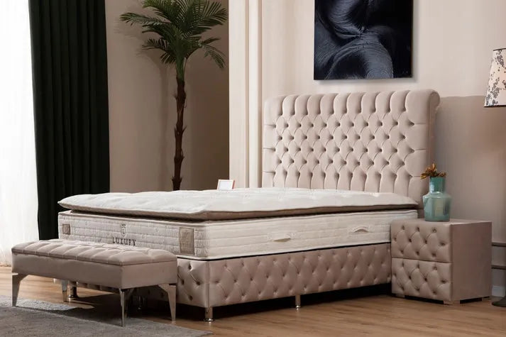 Lit Coffre LUNA - Velours capitonné - ANTHRACITE ET BEIGE