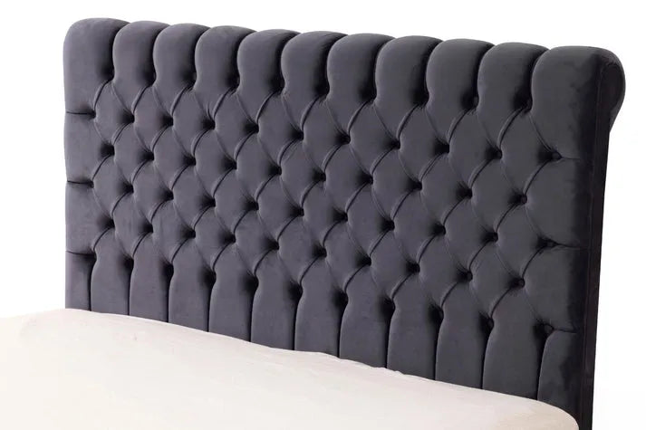 Lit Coffre LUNA - Velours capitonné - ANTHRACITE ET BEIGE