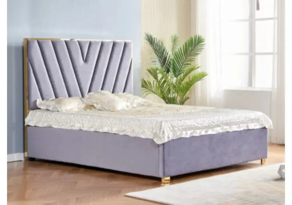 Lit velours beige design doré DINA 140é190 cm Swedzo-Meuble