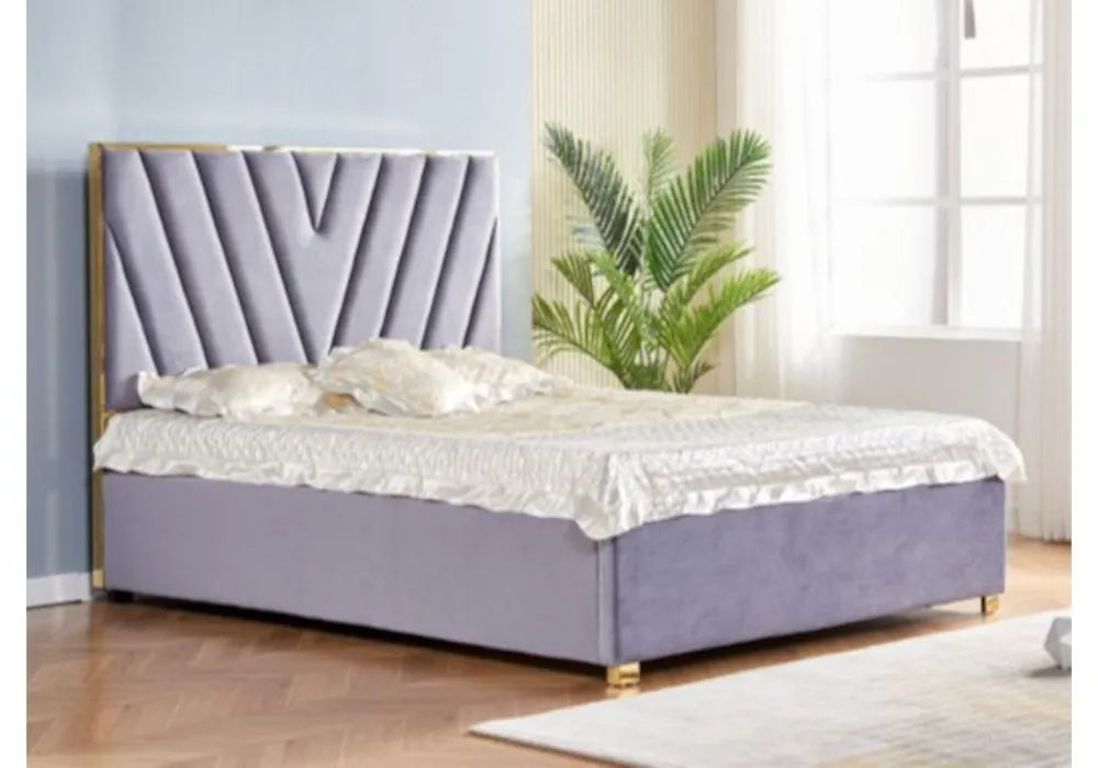 Lit velours beige design doré DINA 140é190 cm