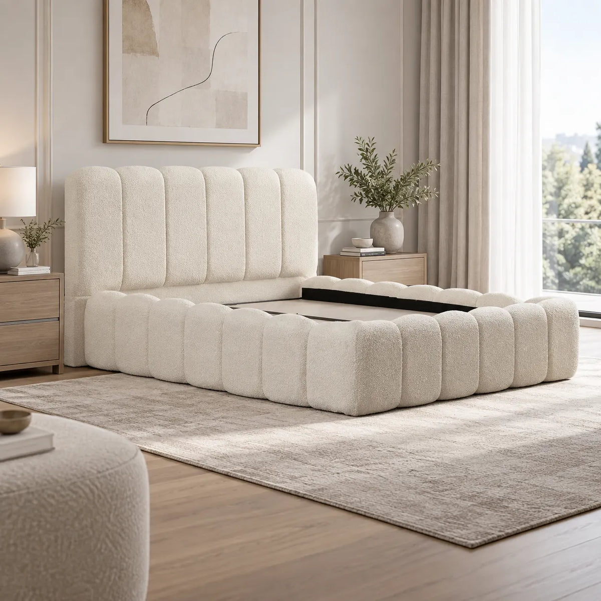 Lit Coffre Alya Chenille Blanc Cassé