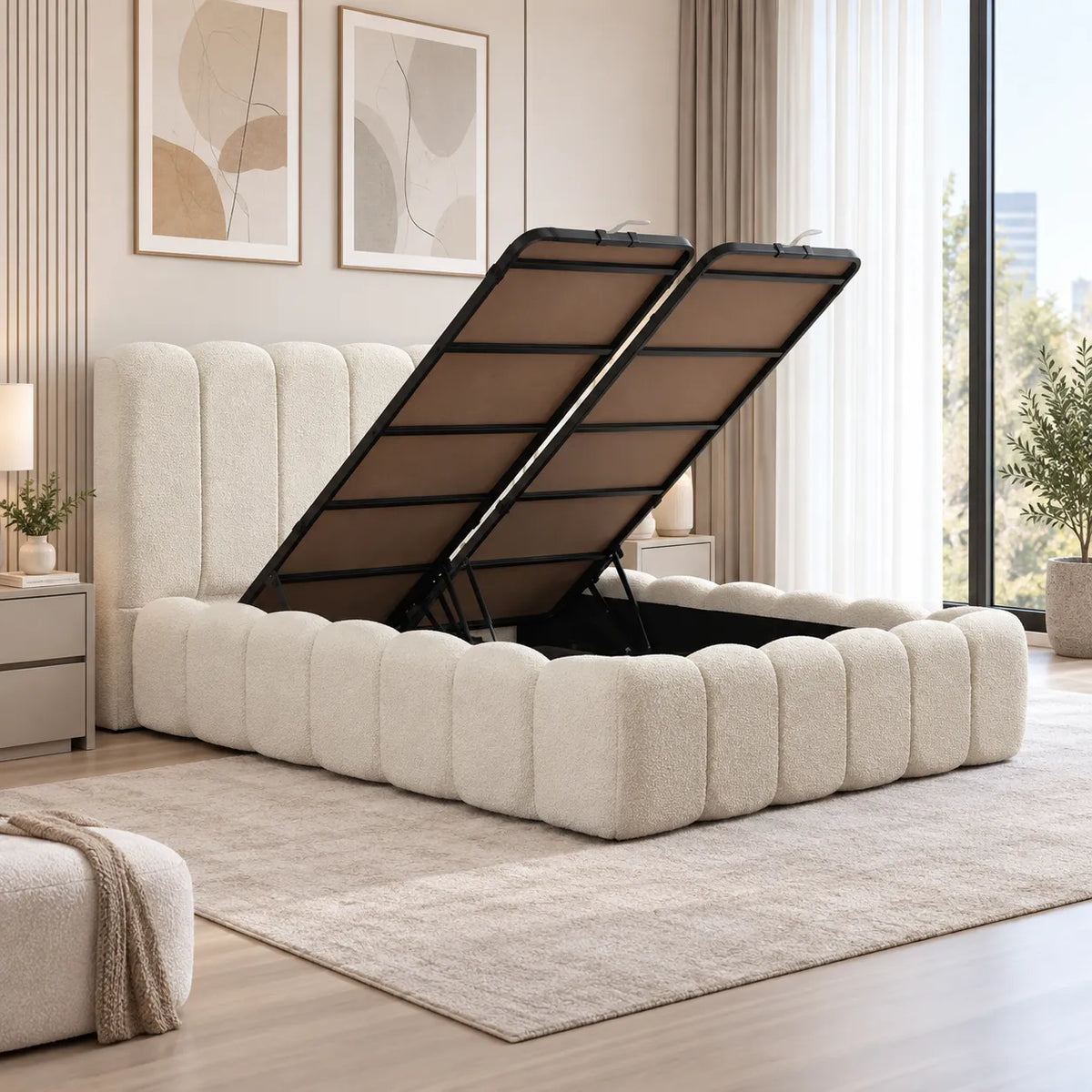 Lit Coffre Alya Chenille Blanc Cassé