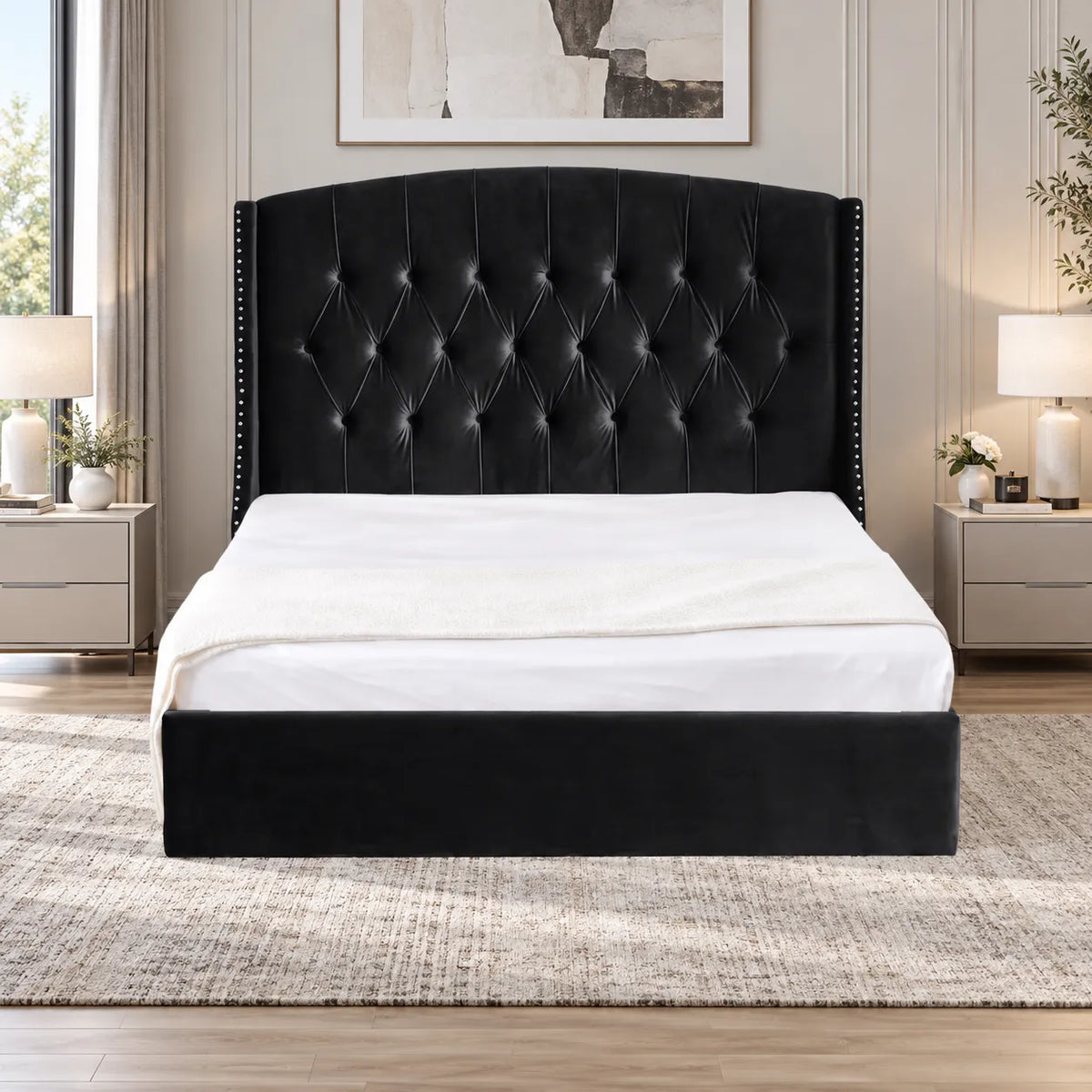 Lit Coffre Capitonné Velours Beige Chester