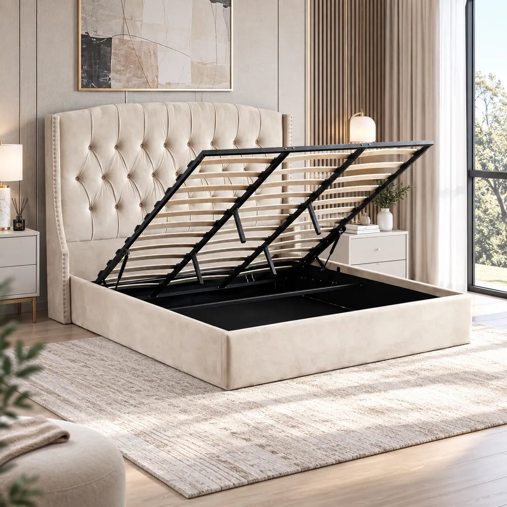 Lit Coffre Capitonné Velours Beige Chester