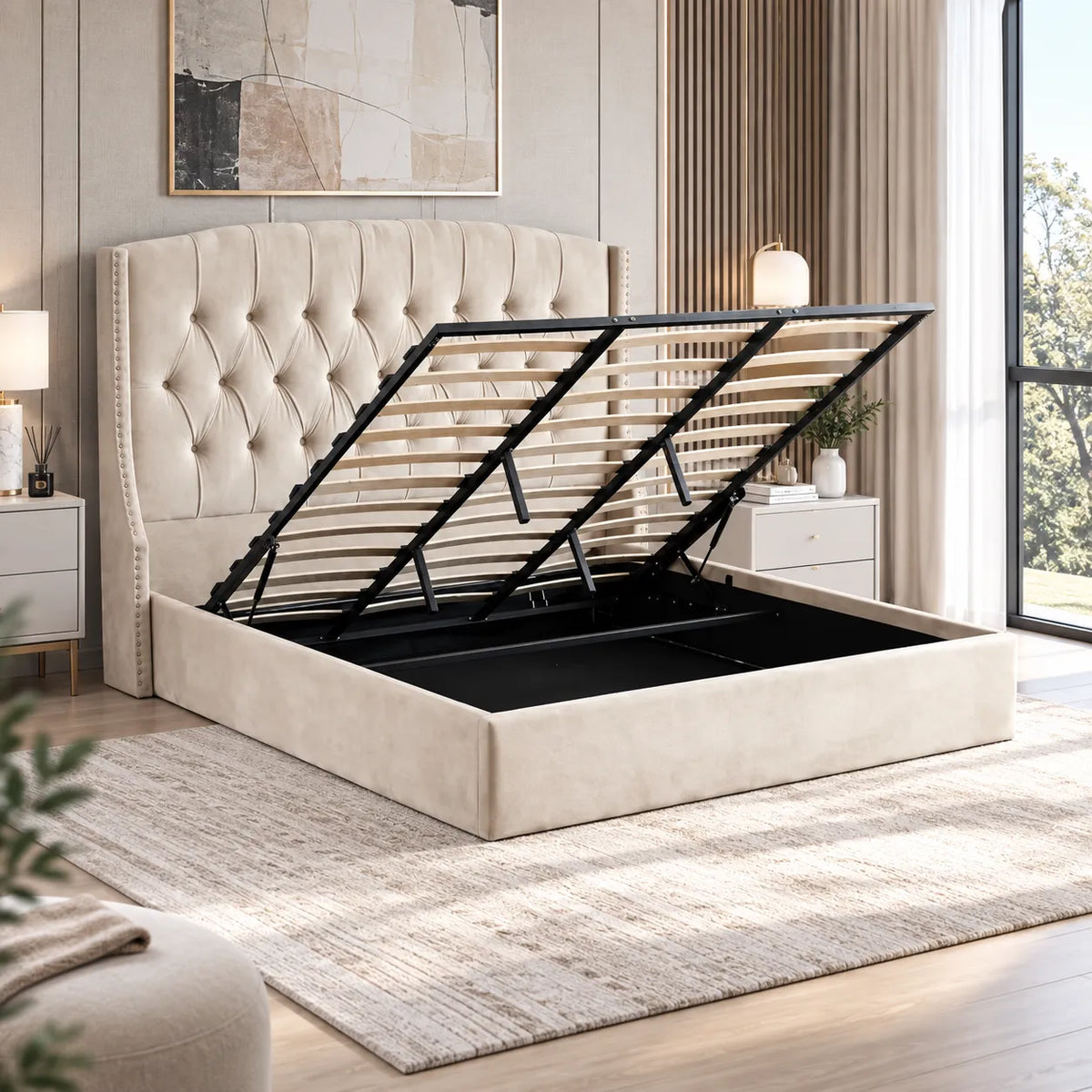 Lit Coffre Capitonné Velours Beige Chester