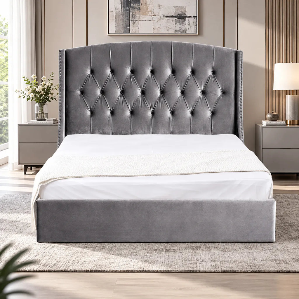 Lit Coffre Capitonné Velours Beige Chester
