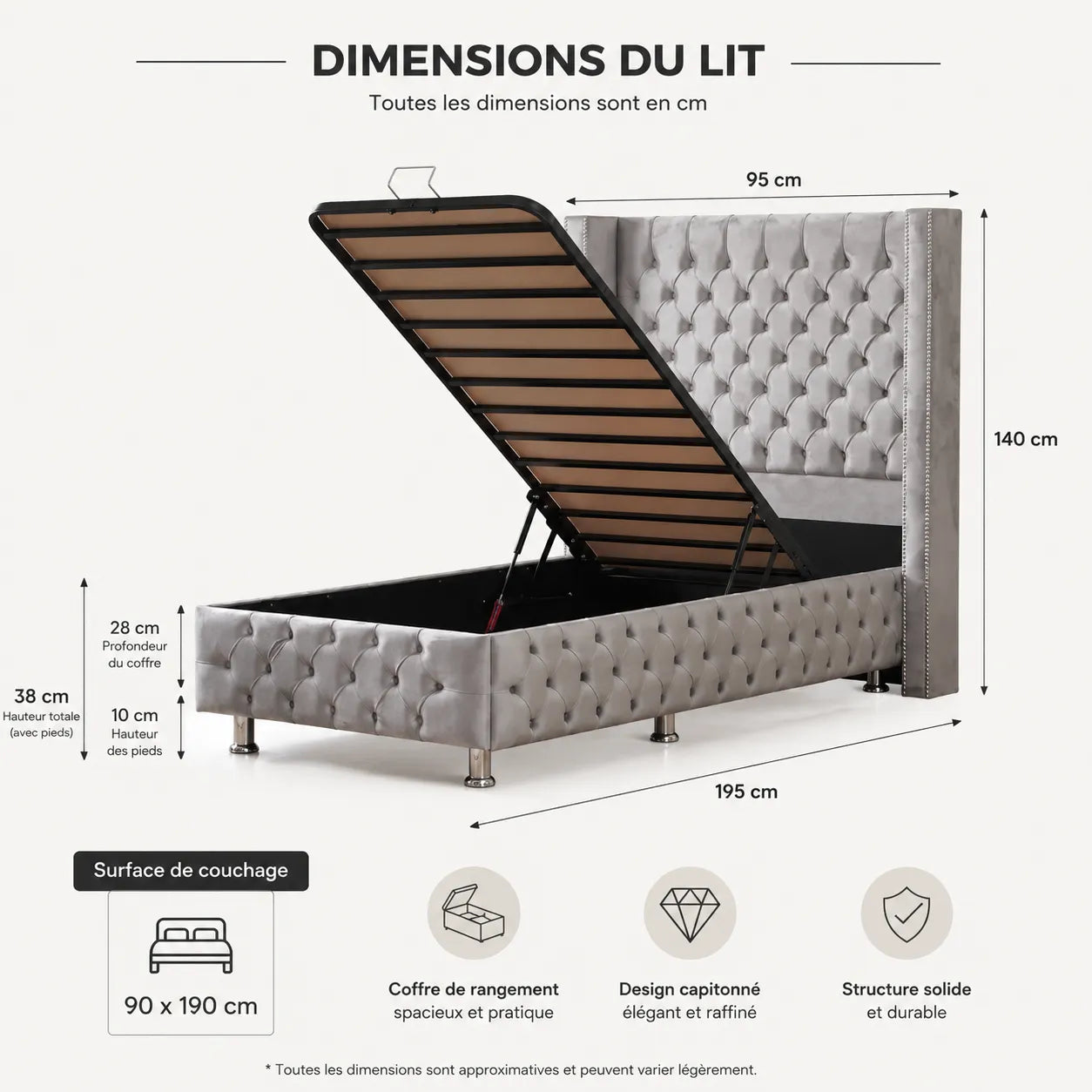 Lit Coffre Enfant CLOUTE 90x190 - Velours capitonné
