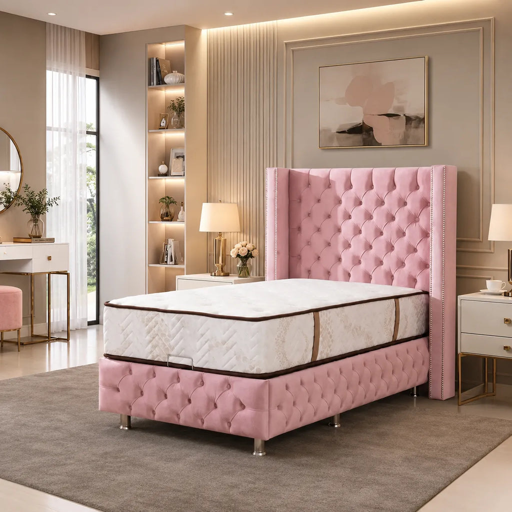 Lit Coffre Enfant CLOUTE 90x190 - Velours capitonné