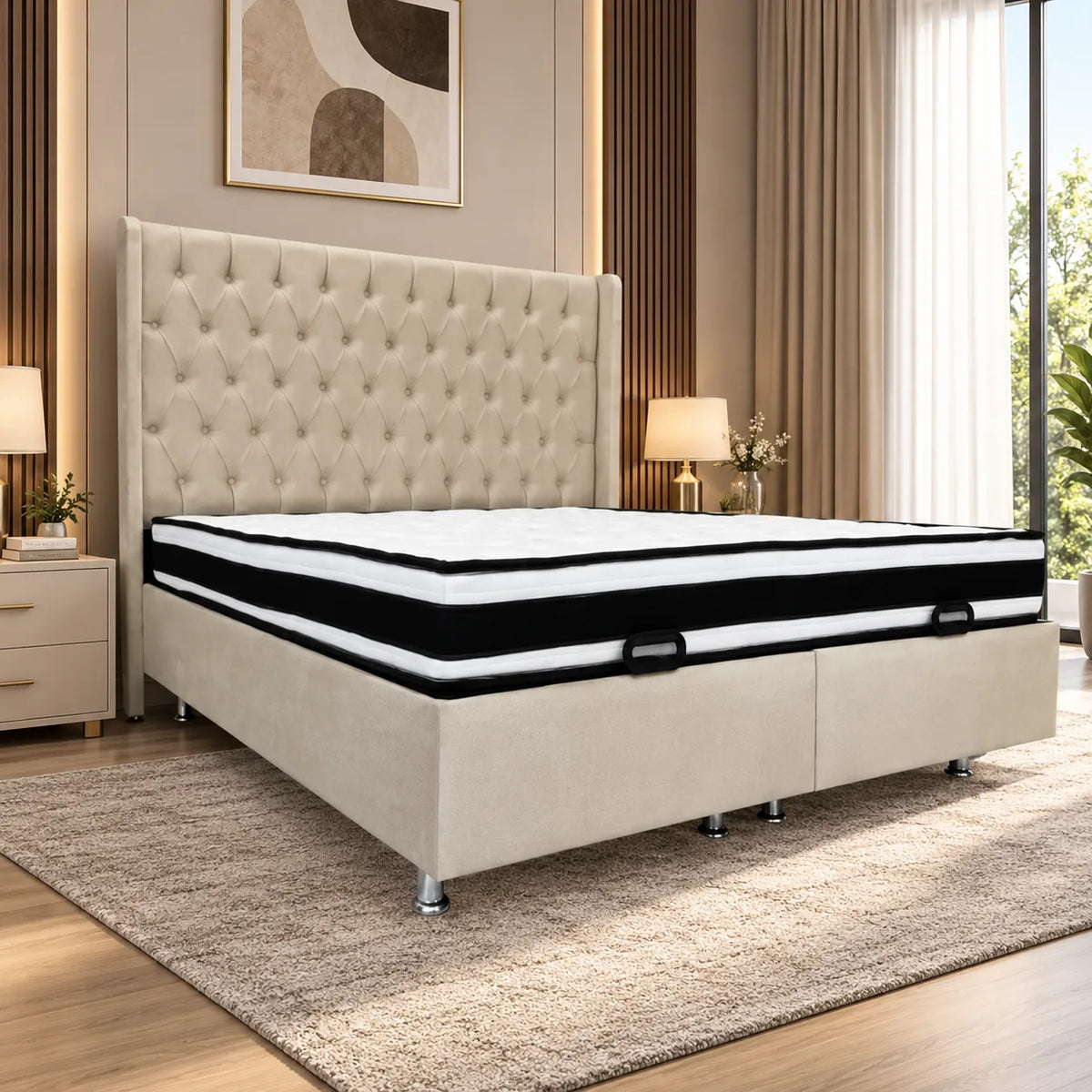 Lit Coffre Italian Capitonné Velours Beige