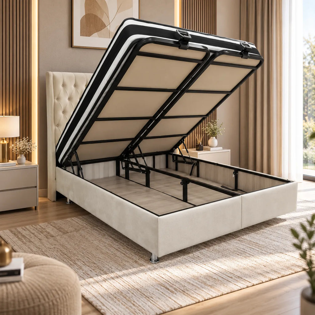Lit Coffre Italian Capitonné Velours Beige