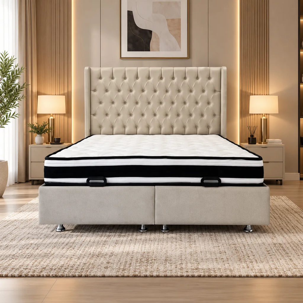 Lit Coffre Italian Capitonné Velours Beige