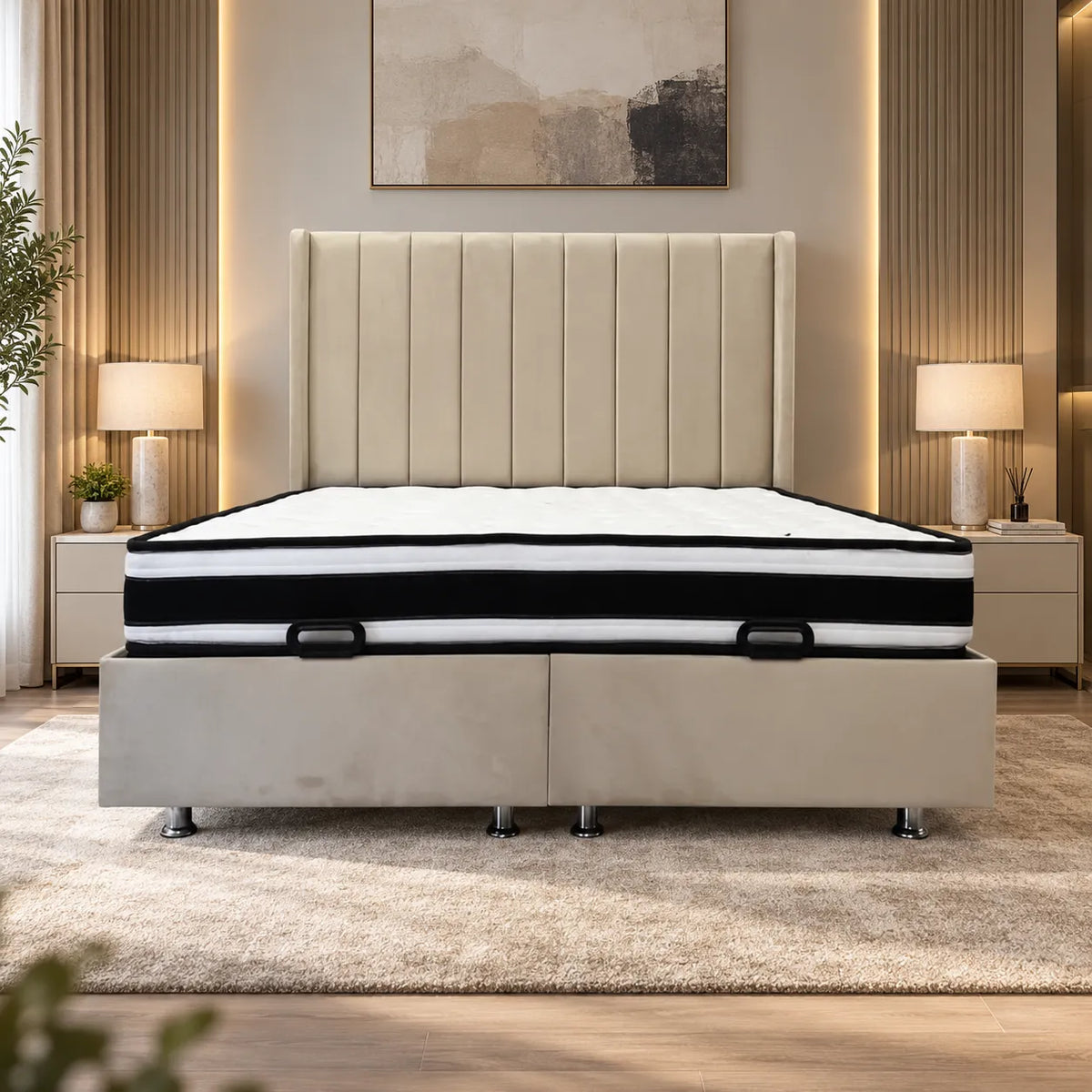 Lit Coffre Italian Piano Velours Beige