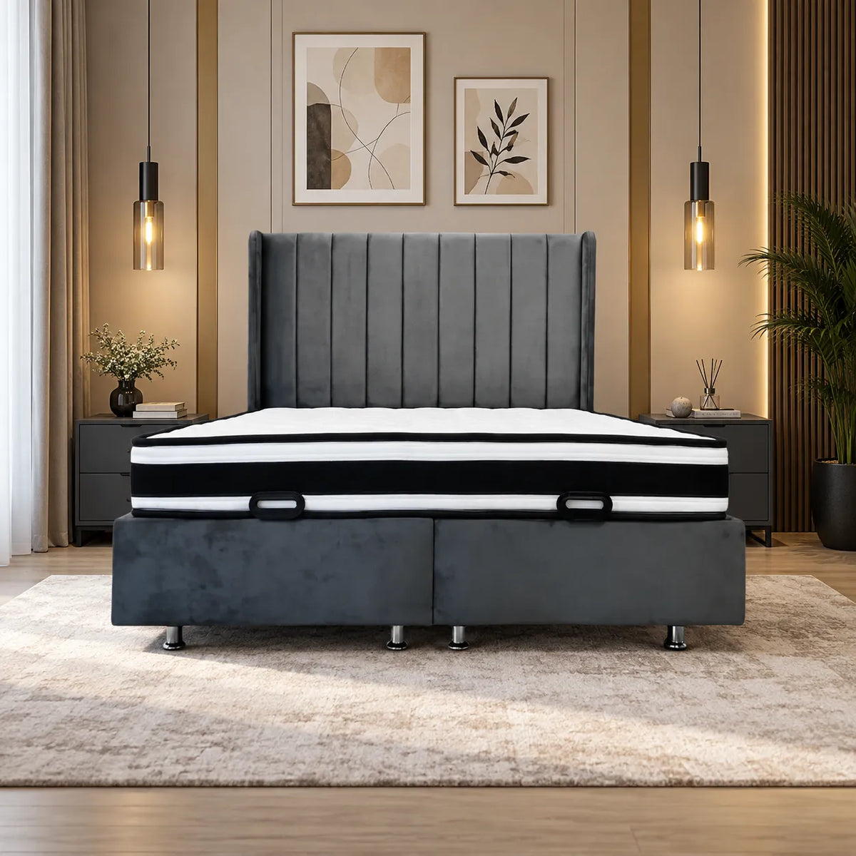 Lit Coffre Italian Piano Velours Gris