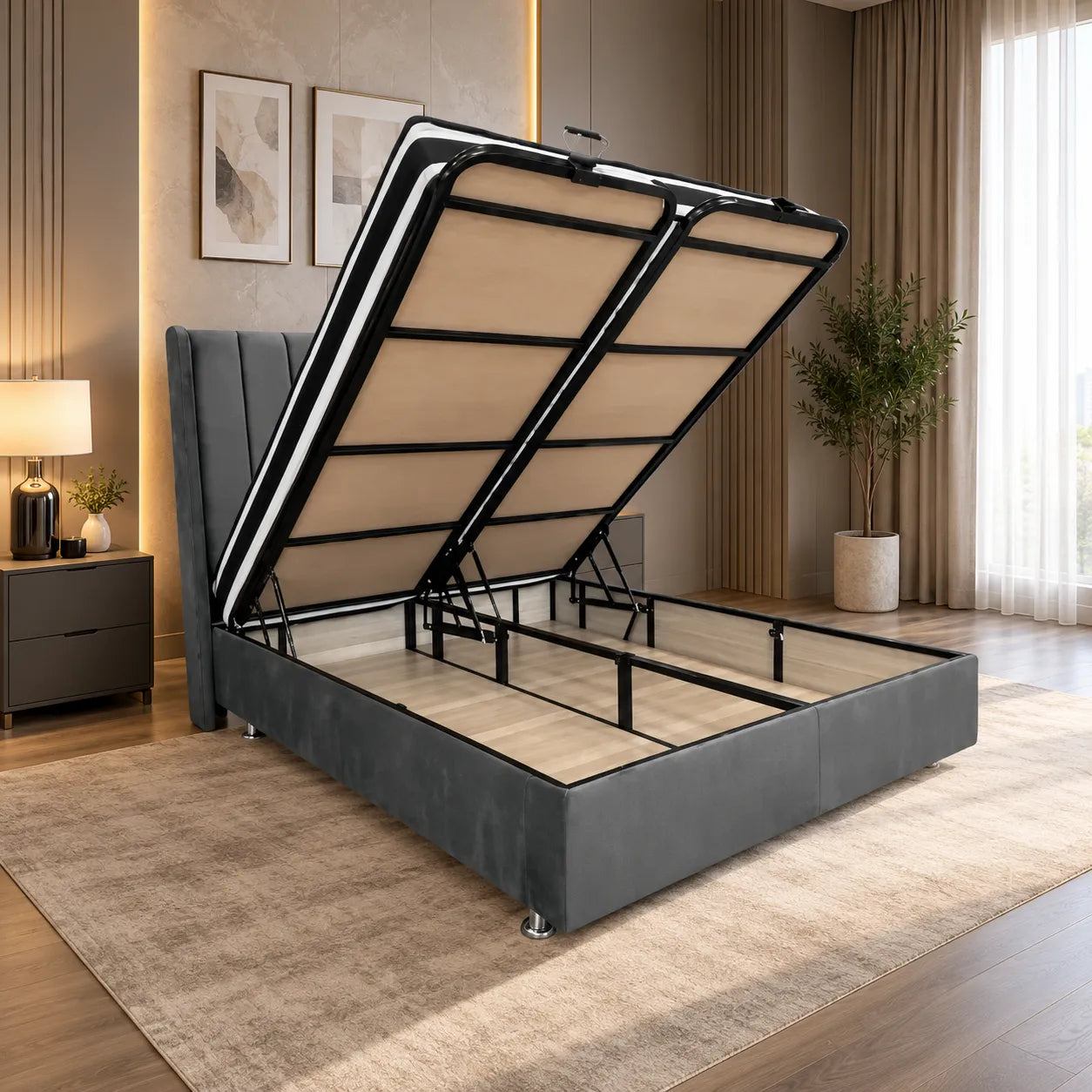Lit Coffre Italian Piano Velours Gris