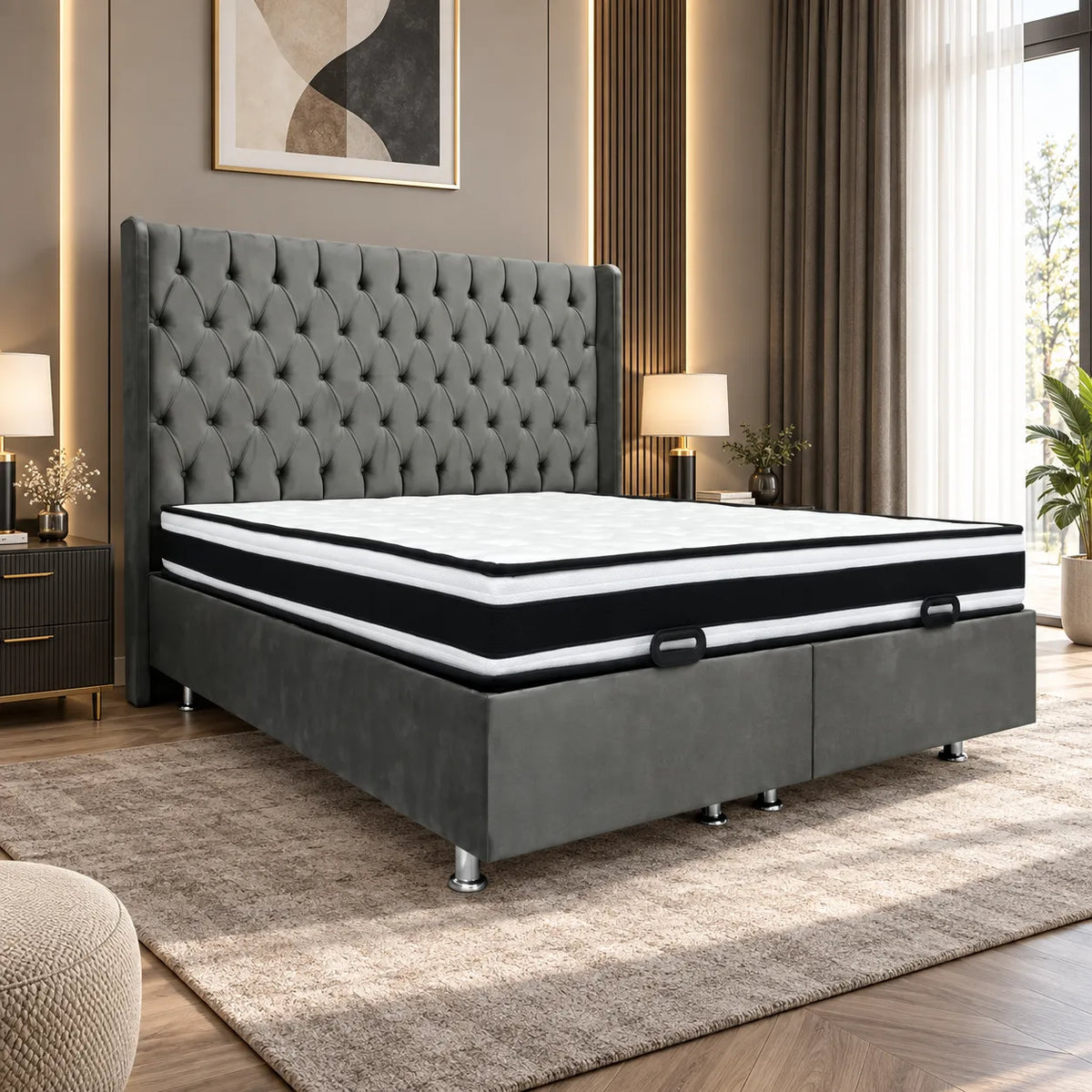 Lit Coffre Italian capitonné Velours Gris
