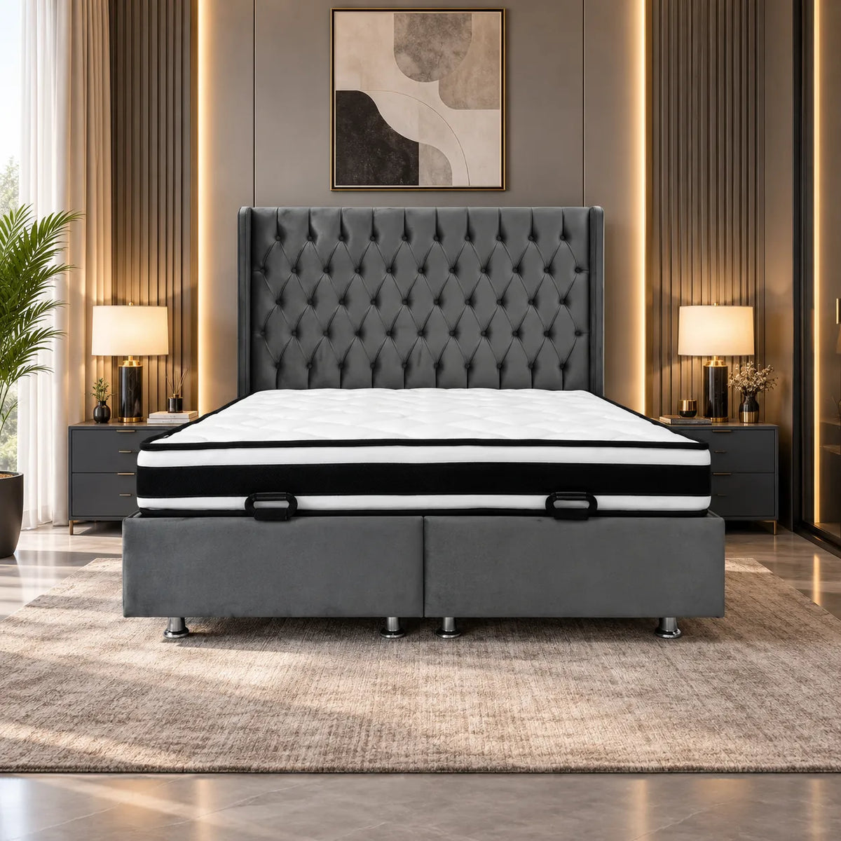 Lit Coffre Italian capitonné Velours Gris