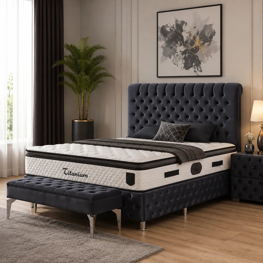 Lit Coffre LUNA - Velours capitonné - ANTHRACITE ET BEIGE