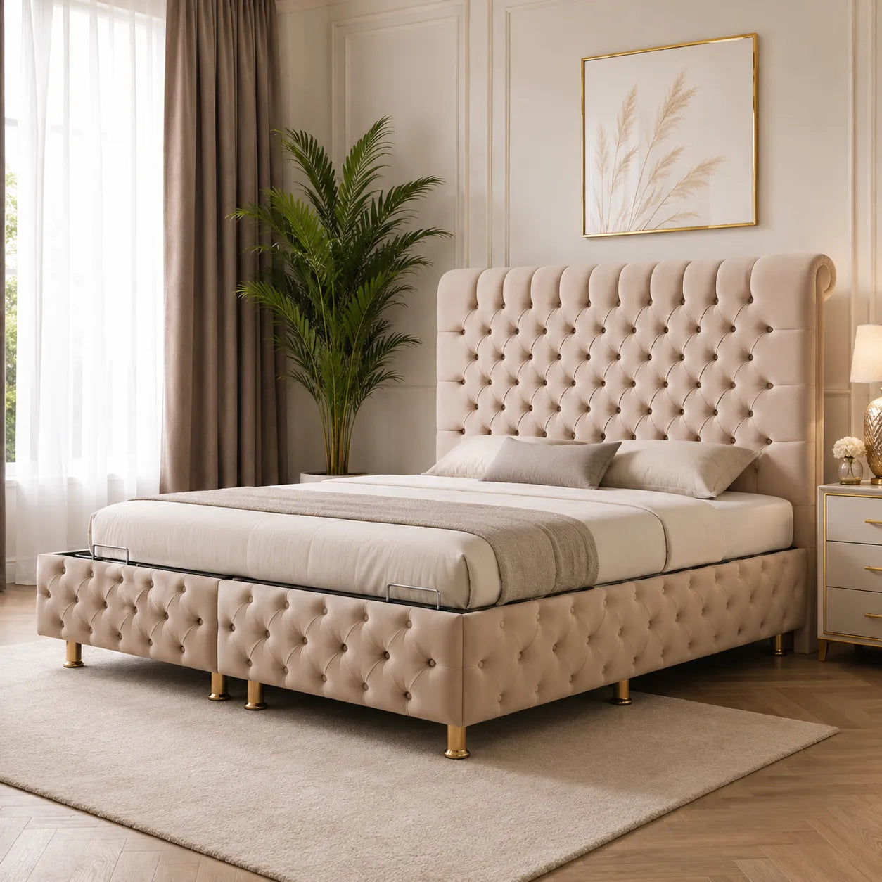 Lit Coffre LUNA - Velours capitonné - ANTHRACITE ET BEIGE