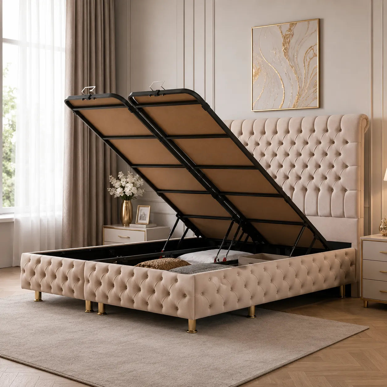 Lit Coffre LUNA - Velours capitonné - ANTHRACITE ET BEIGE