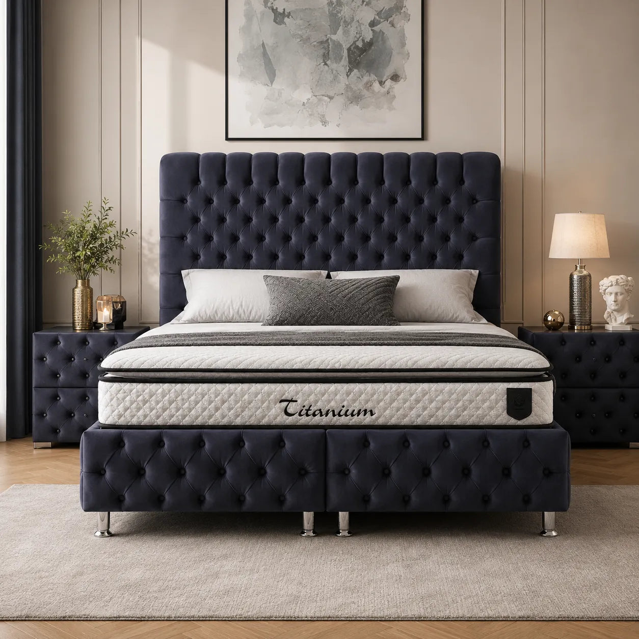 Lit Coffre LUNA - Velours capitonné - ANTHRACITE ET BEIGE