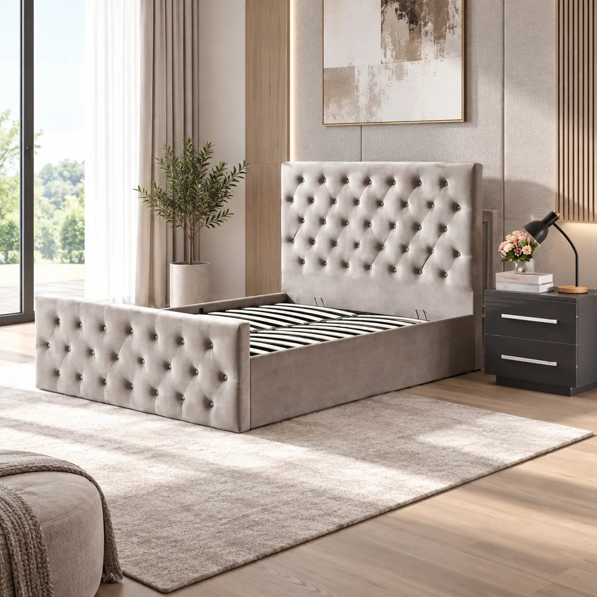 Lit Coffre Velours avec Diamant JULIA 160x200