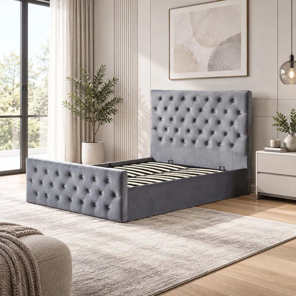 Lit Coffre Velours avec Diamant JULIA 160x200