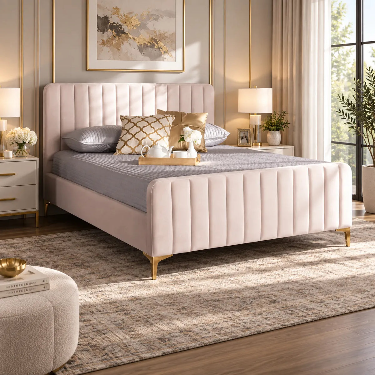 Lit FAYE CAPITONNE EN LIGNE Velours BEIGE