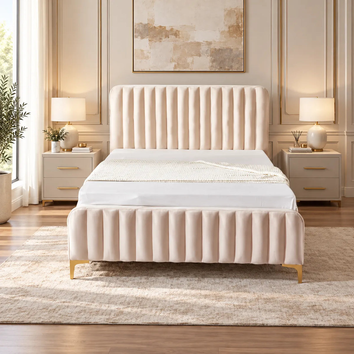 Lit FAYE CAPITONNE EN LIGNE Velours BEIGE