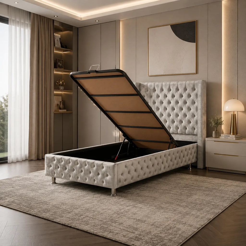 Lit Coffre Enfant CLOUTE 90x190 - Velours capitonné
