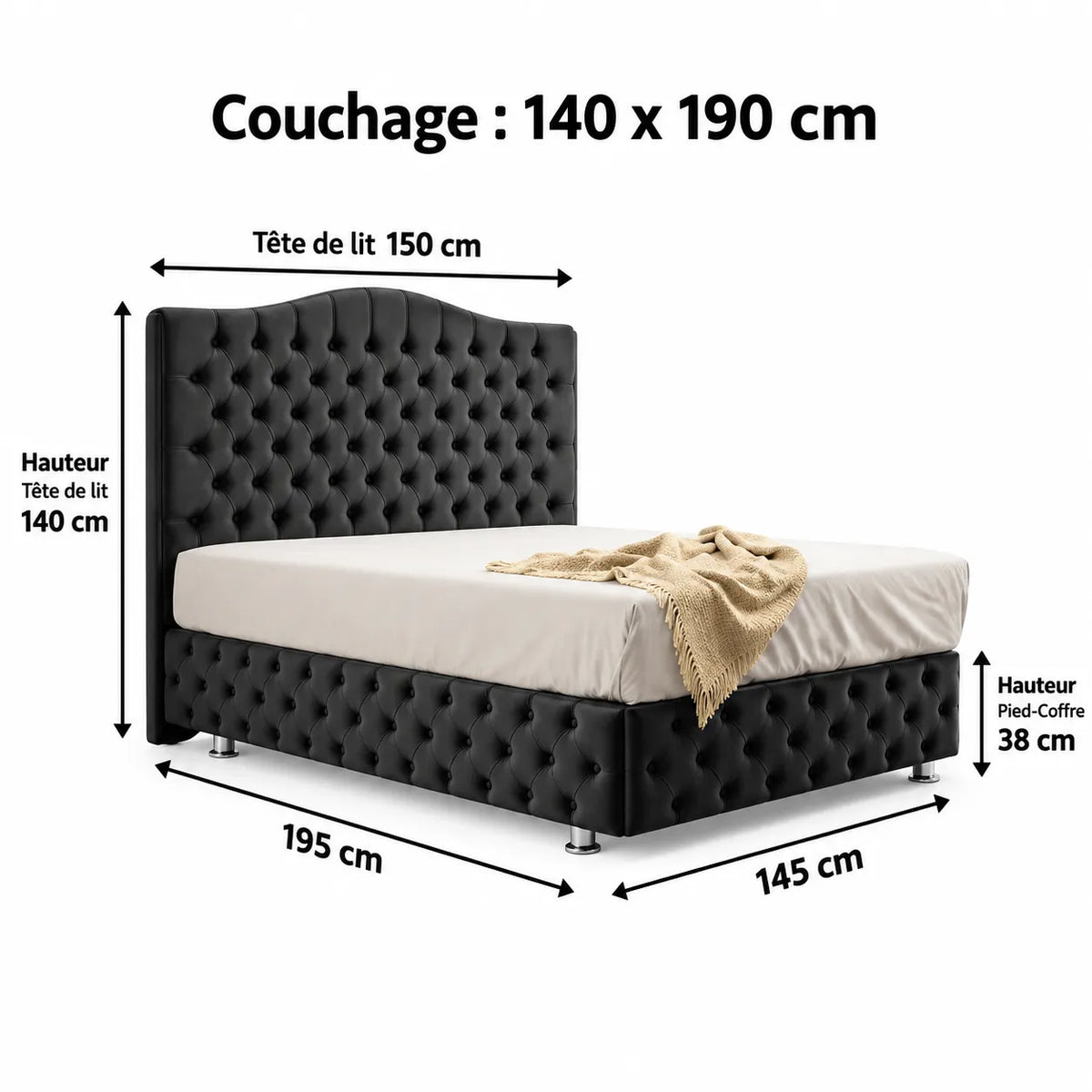 Lit Coffre Paris Velours avec tête de Lit Embourrée 140x190CM