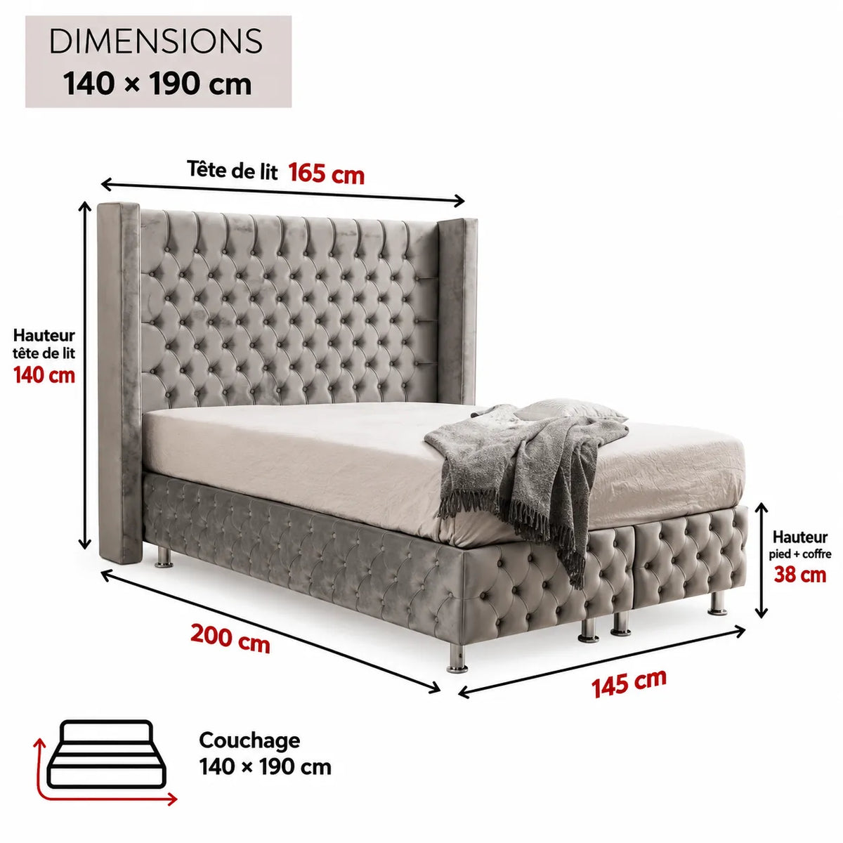 Lit Coffre en tissu Velours 140x190 cm