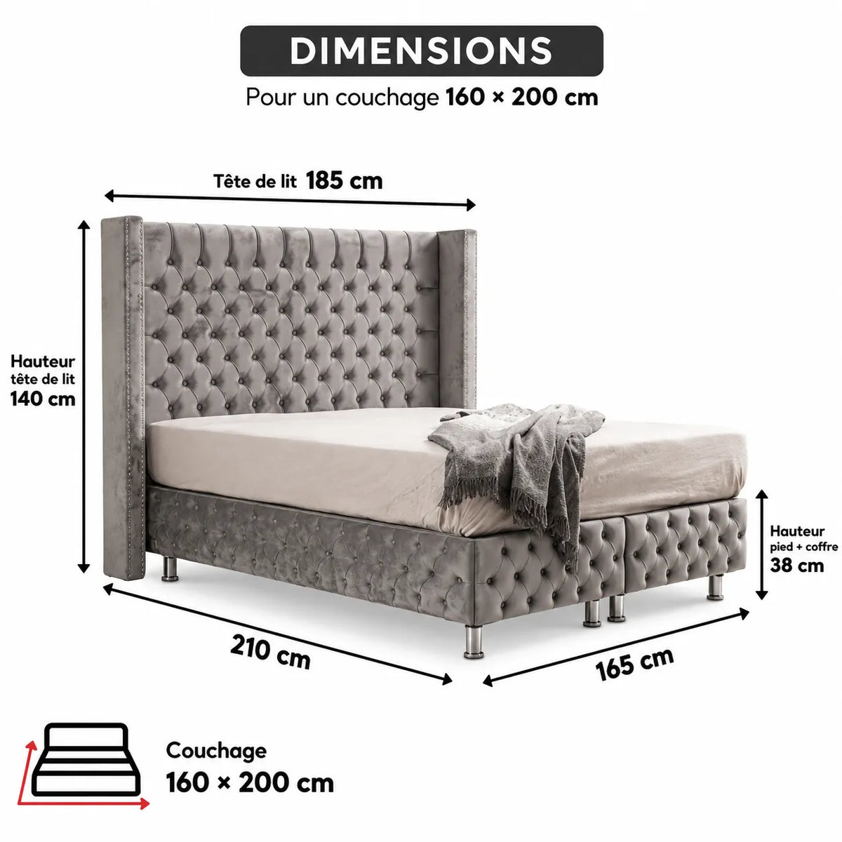 Lit Coffre en tissu Velours 160x200 cm