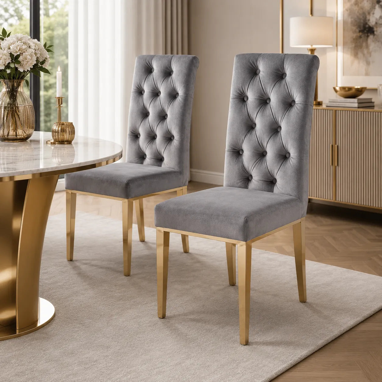 Lot De 6 Chaises Nevada Capitonne avec Boutons Gold Velours