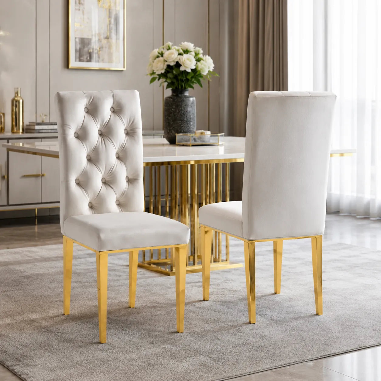 Lot De 6 Chaises Nevada Capitonne avec Boutons Gold Velours