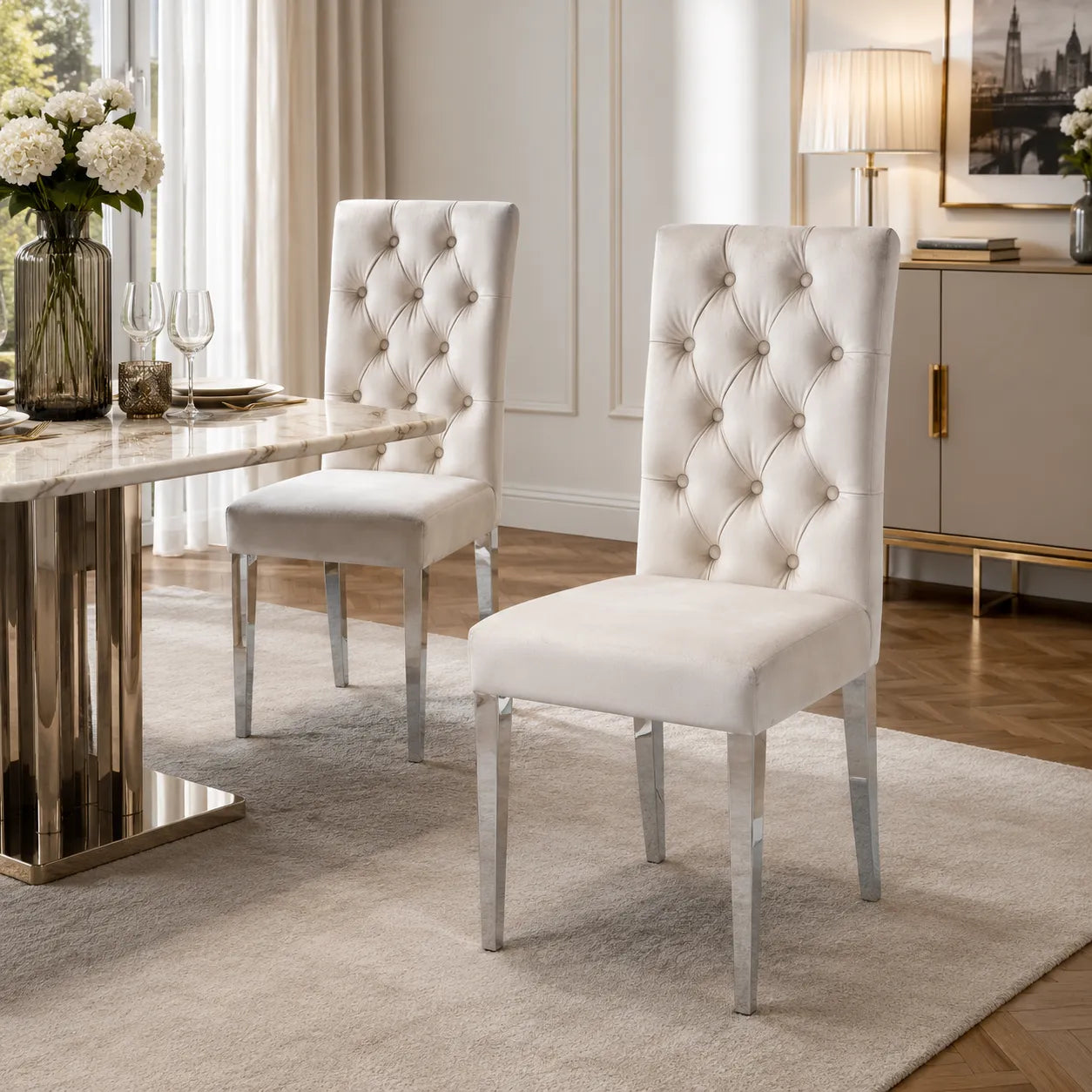 Lot De 6 Chaises Nevada Capitonne avec Boutons Chrome Velours