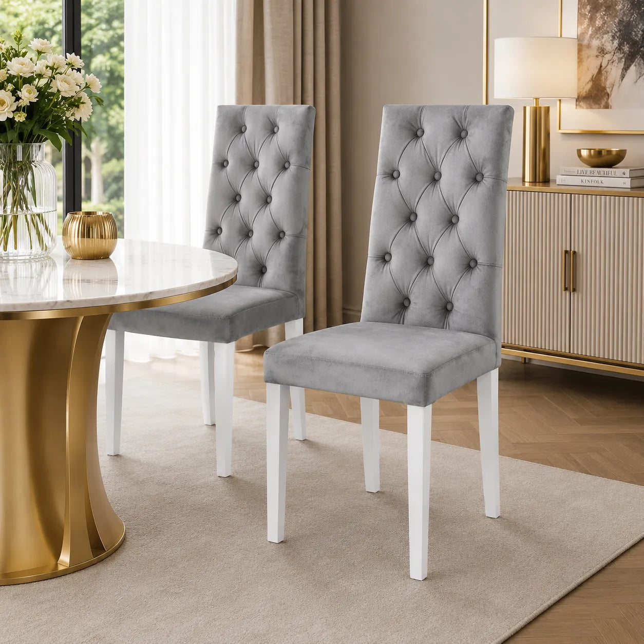 Lot De 6 Chaises Nevada Capitonne avec Boutons Chrome Velours
