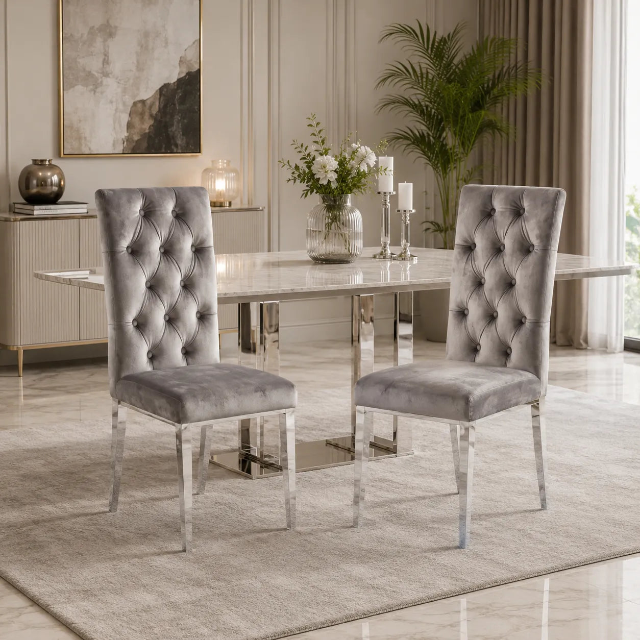 Lot De 6 Chaises Nevada Capitonne avec Boutons Chrome Velours