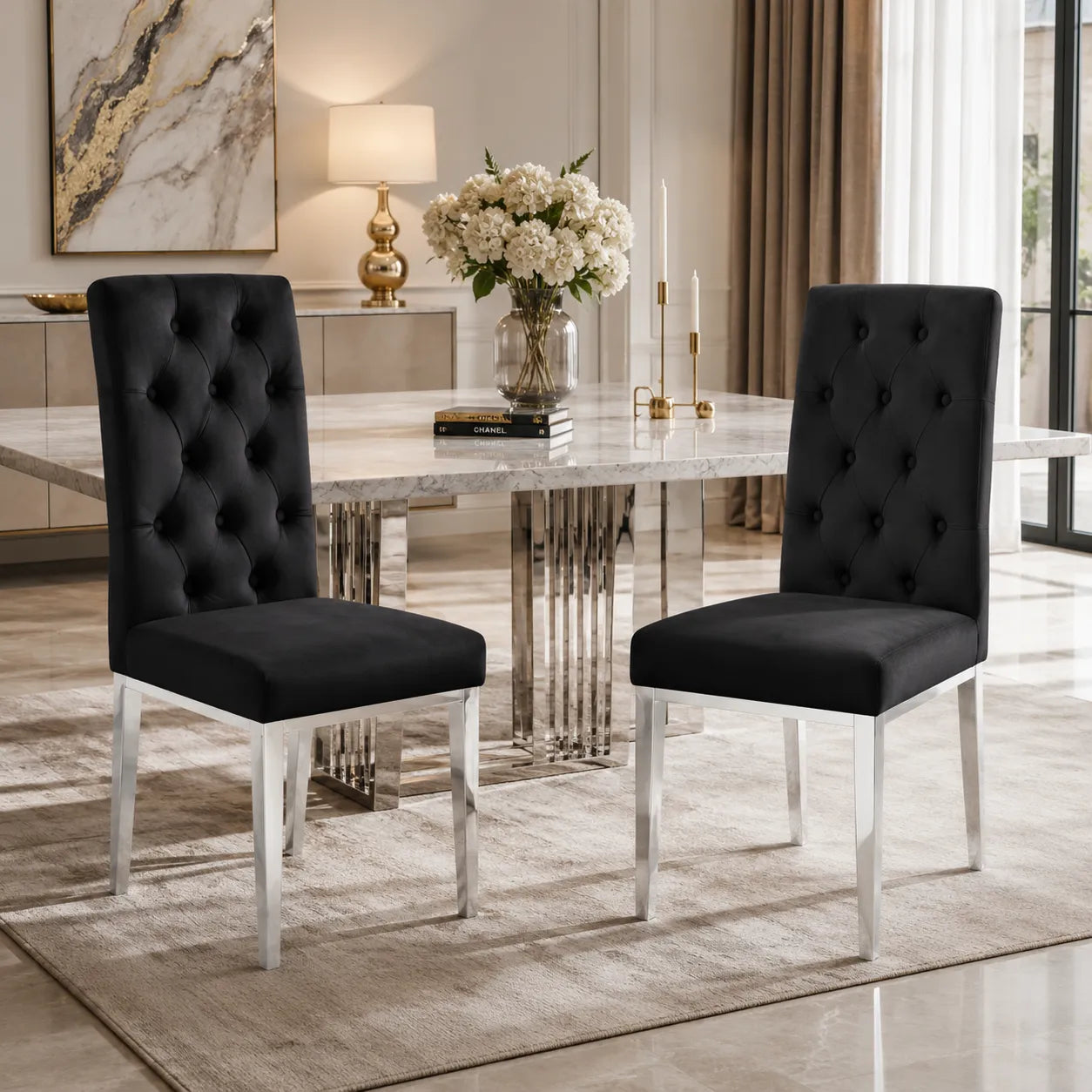 Lot De 6 Chaises Nevada Capitonne avec Boutons Chrome Velours