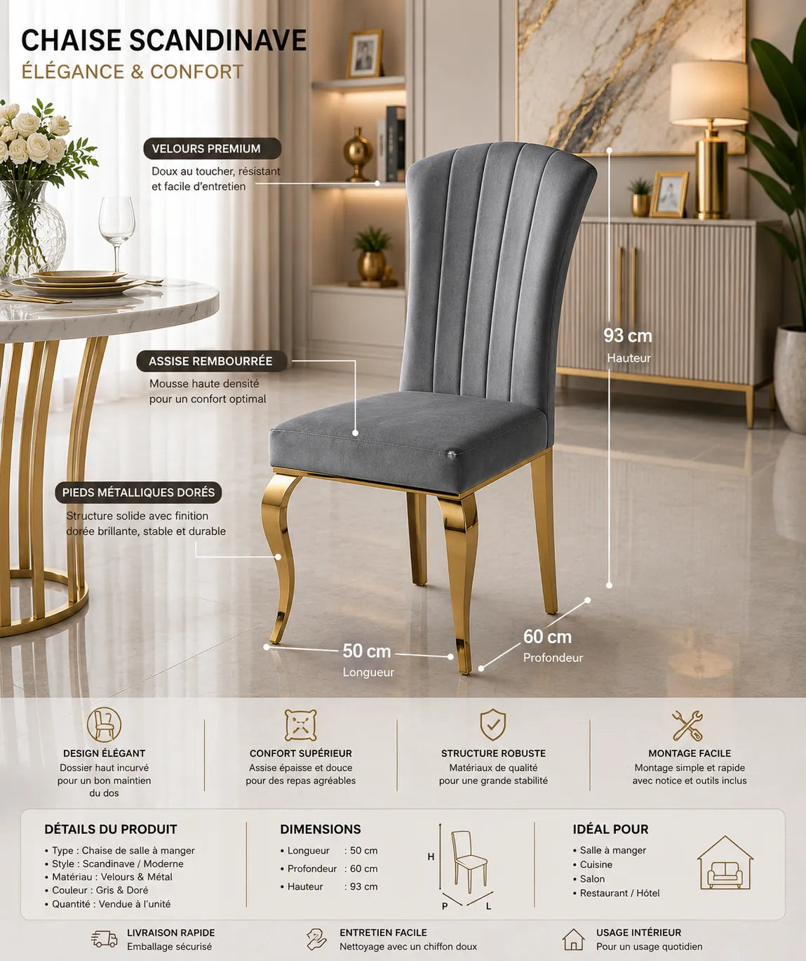 Lot De 6 Chaises Louis Gold Velours Ardoise