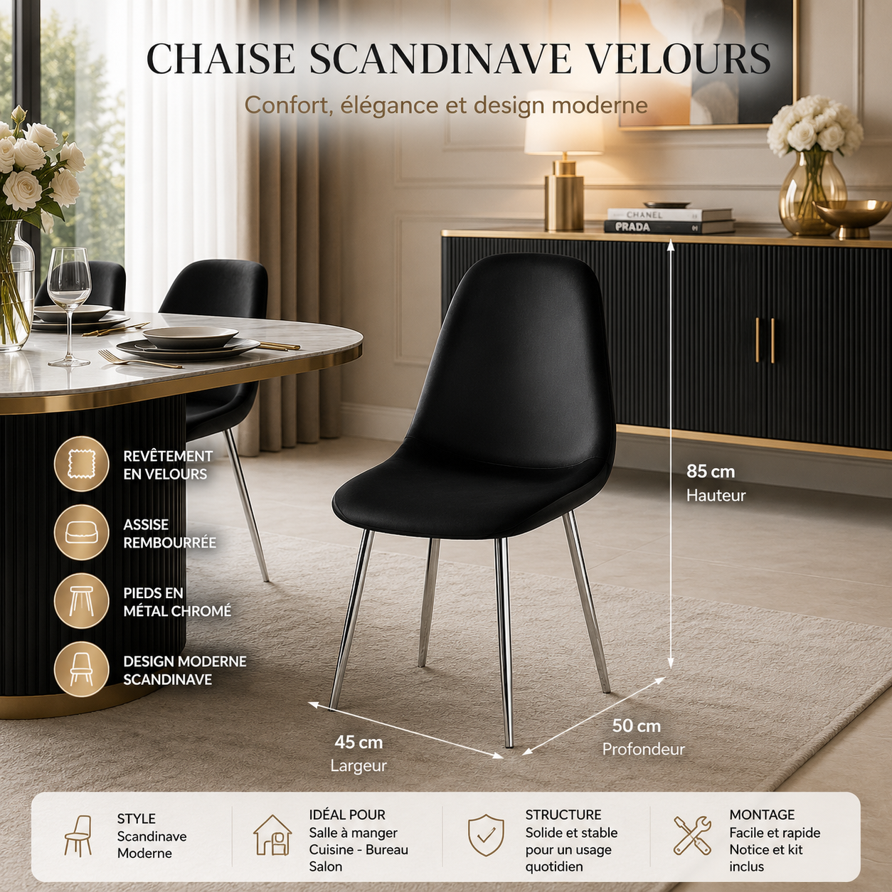 Lot de 4 Chaises Scandinaves Velours Pieds Chrome