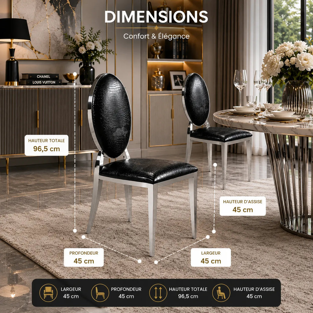 Lot de 4 Chaises Médaillon en Similicuir Croco Noir