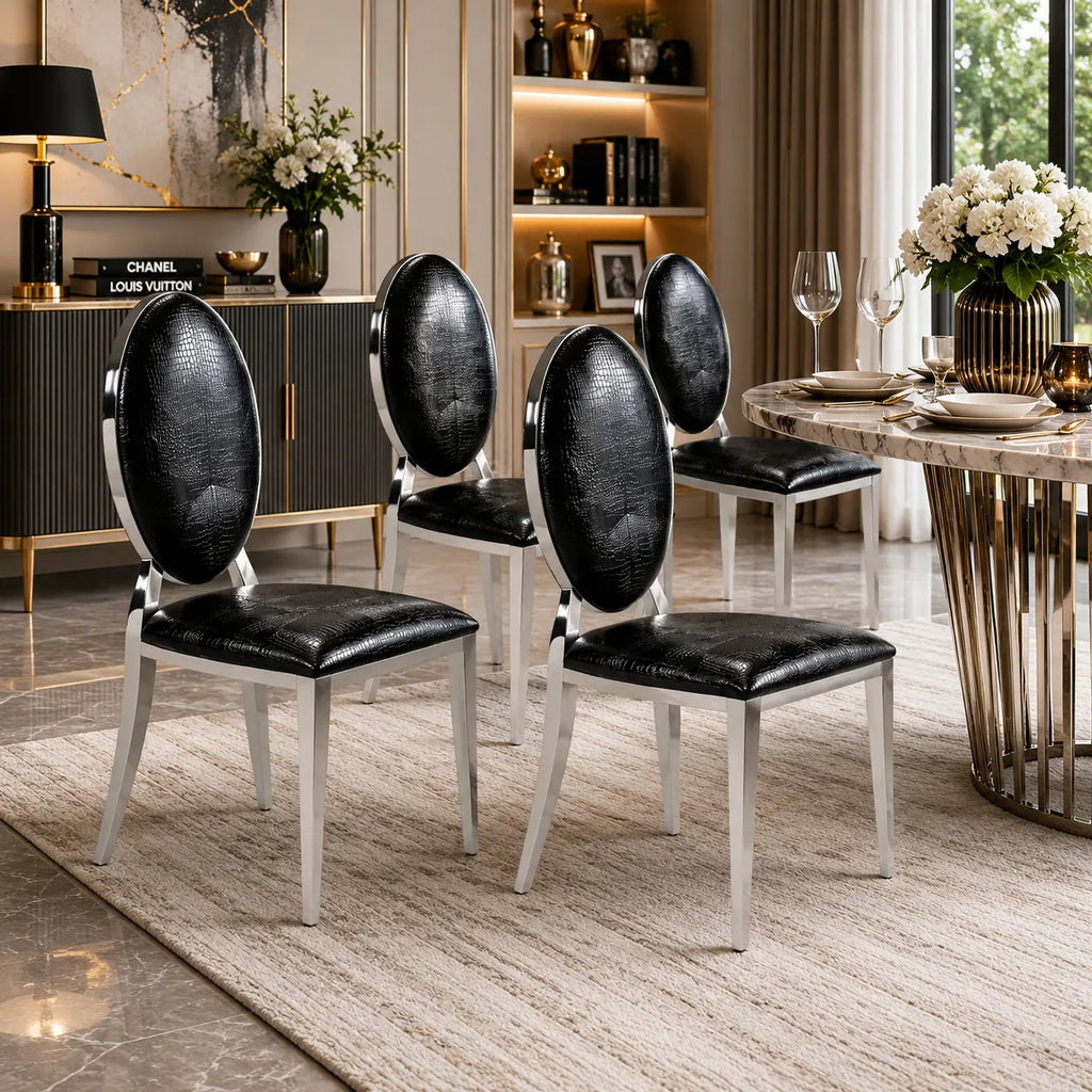 Lot de 4 Chaises Médaillon en Similicuir Croco Noir